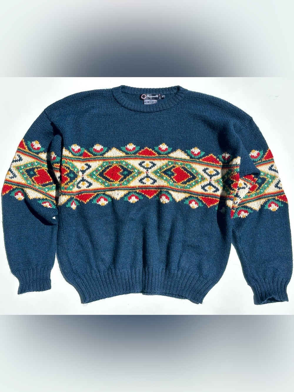 Vintage Faconnable Alpaca Fair Isle Albert Goldberg Navy Ski Christmas sweater M